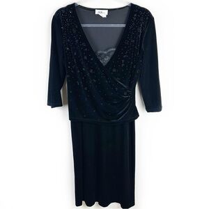 Vintage AGB Dress black velvet maxi attached top layer two-piece look size: 8